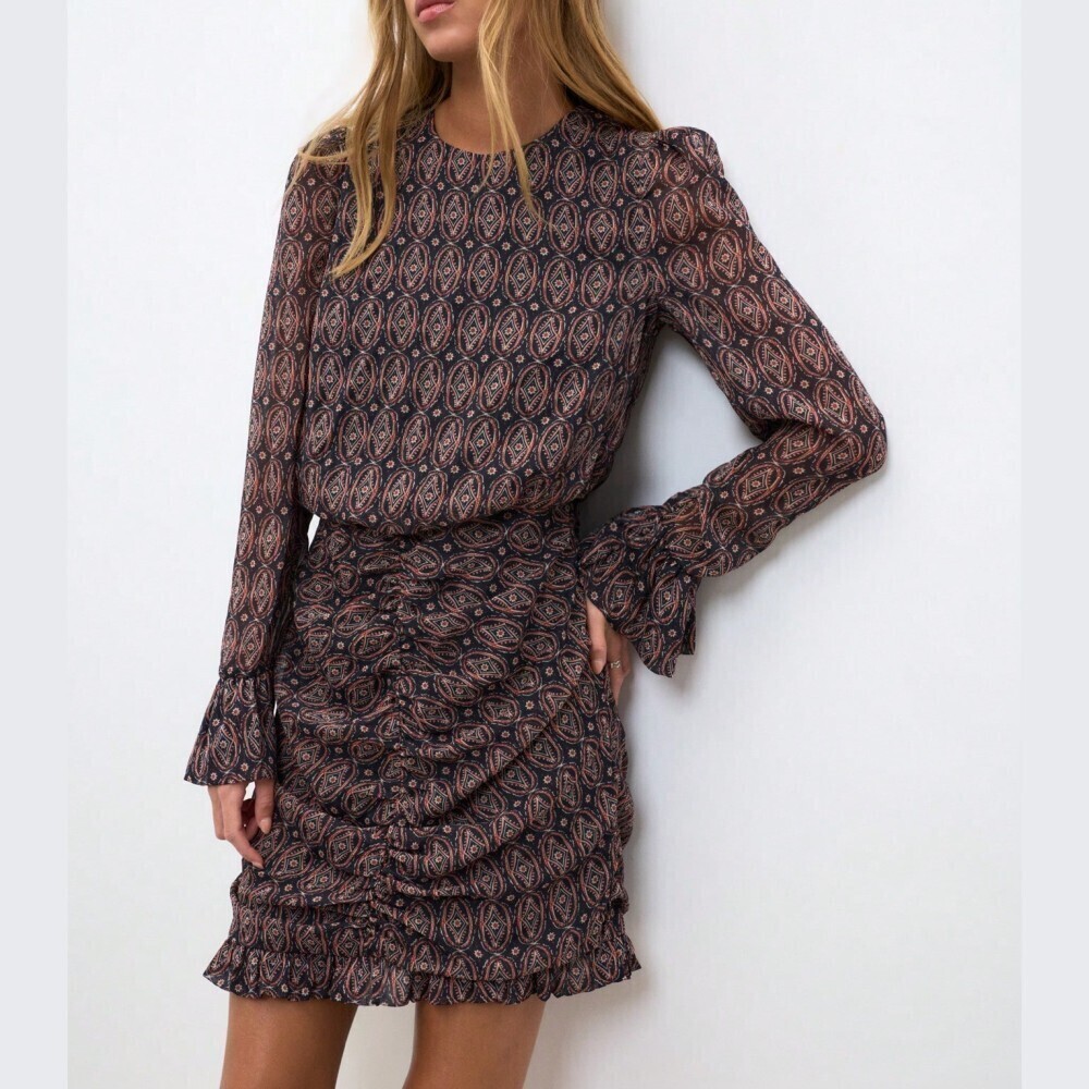 Black Brown Paisley Print Ruched Bell Sleeve Ruffle Hem Mini Dress